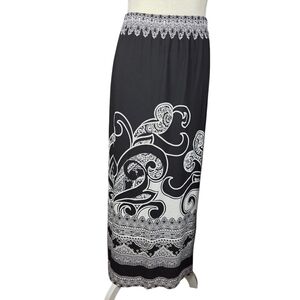Susan Graver Maxi Skirt NEW Large Petite Black/White -Damask Swirl Print (A-Line